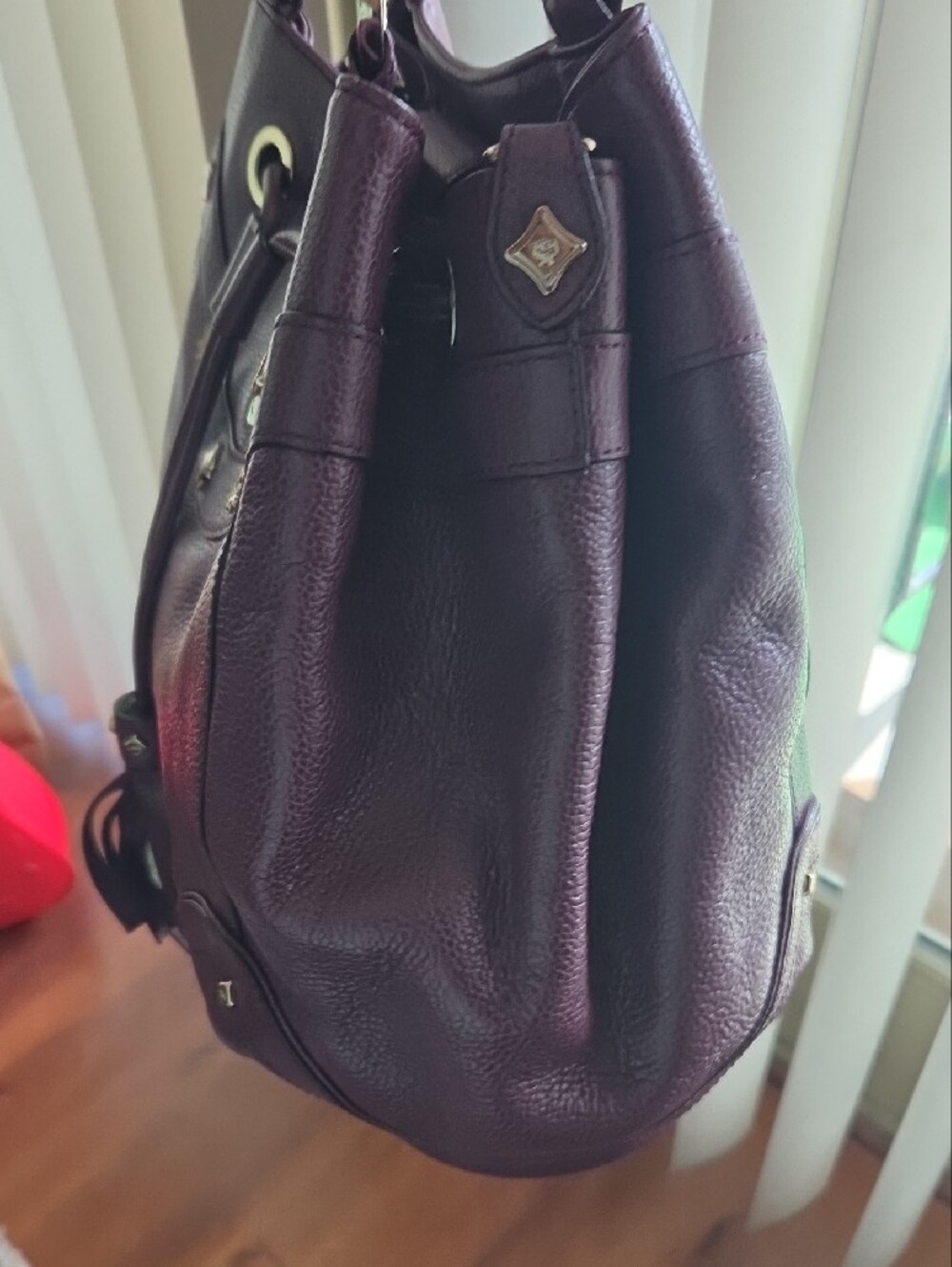 MCM Plum Drawstring Tote with Gold-Tone Hardware - Picture 5 of 15